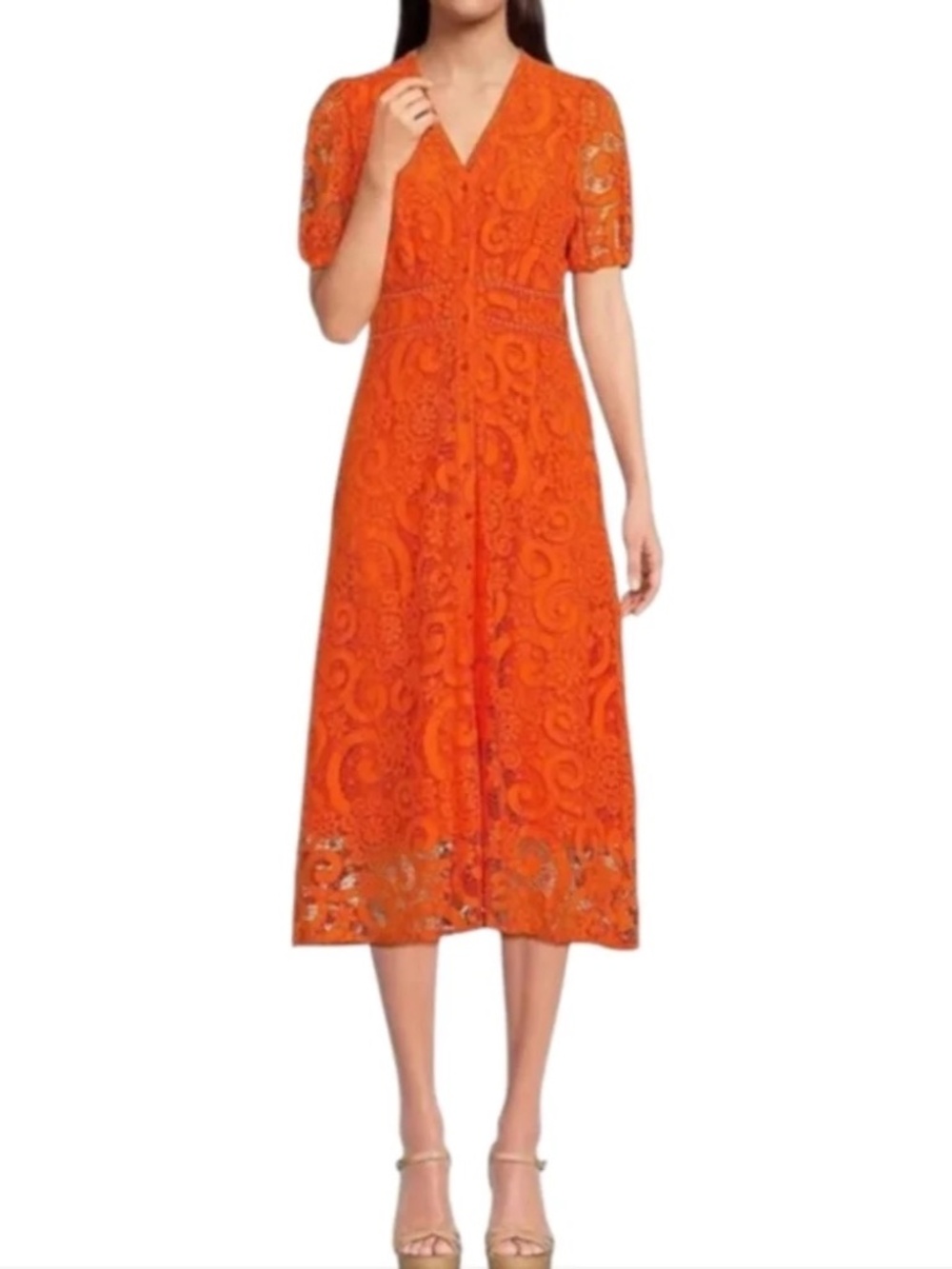 Nanette‎ Lepore Orange Lace Overlay Button Front Fit n Flare Midi Dress Size 10